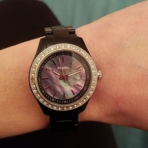 Black Fossil watch rhinestones mother of pear